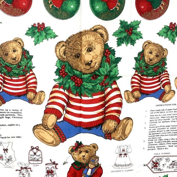 Peppermint Teddy Appliques Fabric Panel 35"x44" Christmas Bows Holly Bears - Picture 2 of 8